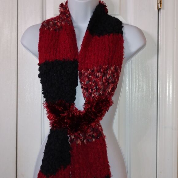 Cejon red black scarf soft fuzzy multi texture scarf - Picture 3 of 10